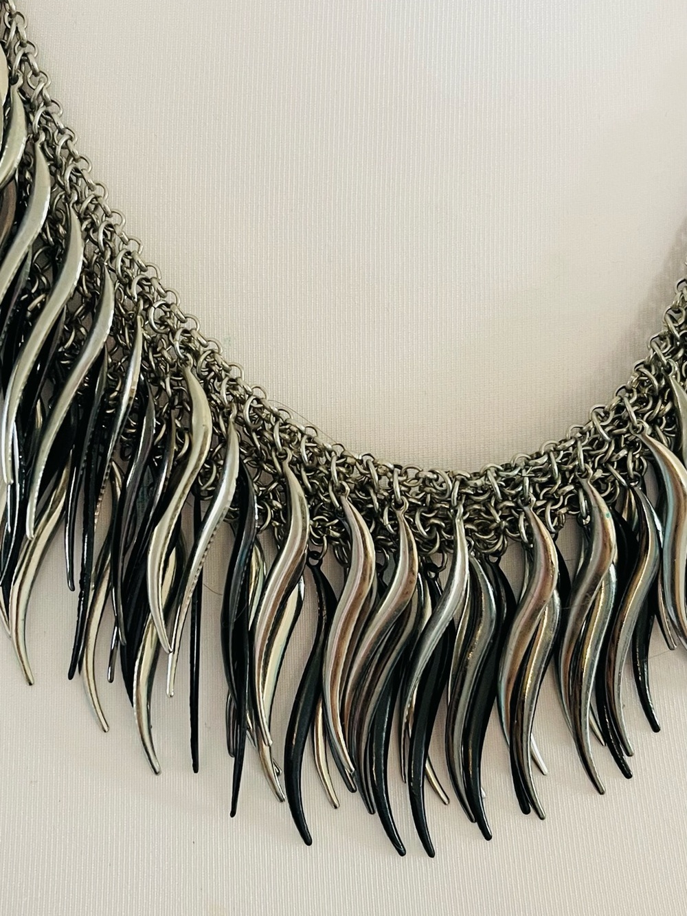 Black & Silver Metal Fringe Statement Necklace Adjustable 20”